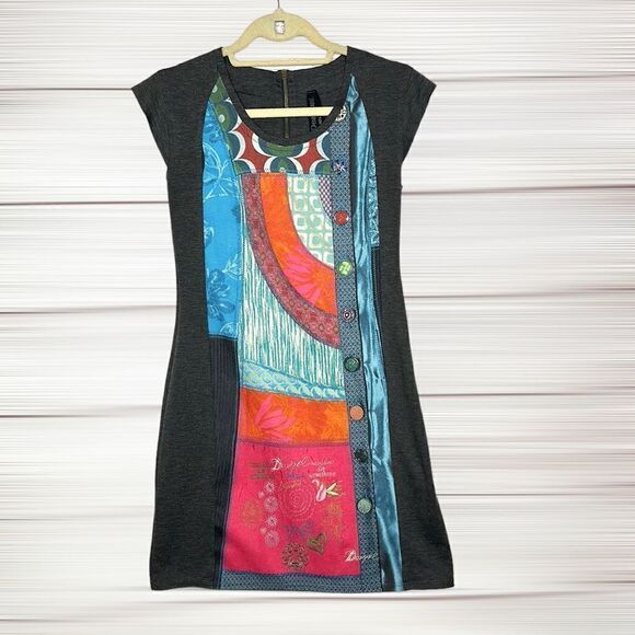 Desigual Patchwork Multicolor Front Sheath Cap Sleeve Fitted Mini Dress M - Picture 5 of 16